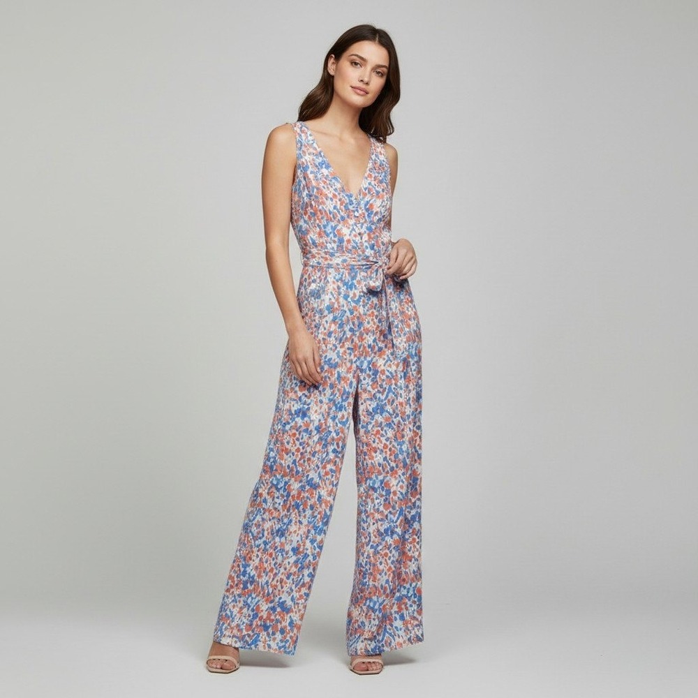 J.McLaughlin Hermione Jumpsuit Size 4 Coral Aqua Pier Pebble Print Wide Leg NWT